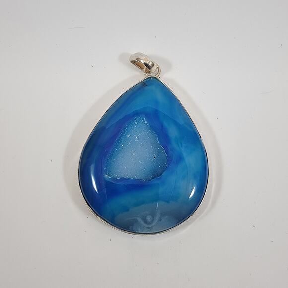 Handmade Silver Pendant Featuring Blue Druzy Agate Teardrop Crystal Slice Design - Picture 9 of 10